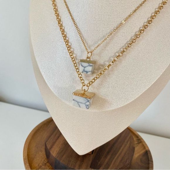 3/$20 Gold Double Strand Necklace with Natural Stone Pendants - Picture 2 of 5